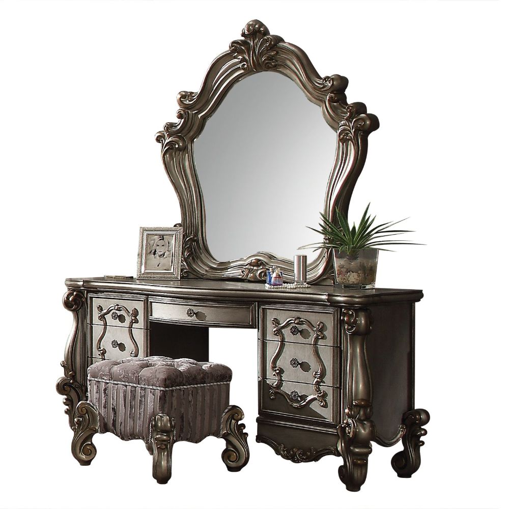 Acme - Versailles Vanity Stool 26848 Fabric & Antique Platinum Finish