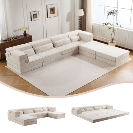 Compression Mahjong Sofa,Convertible Floor Sofa Bed,DIY Boneless Modular Sectional Sofa,No Assembly Required,Circle fleece fabric,Oversized 4 Seater with 2 Ottoman,White - sold by Home Elegance USA