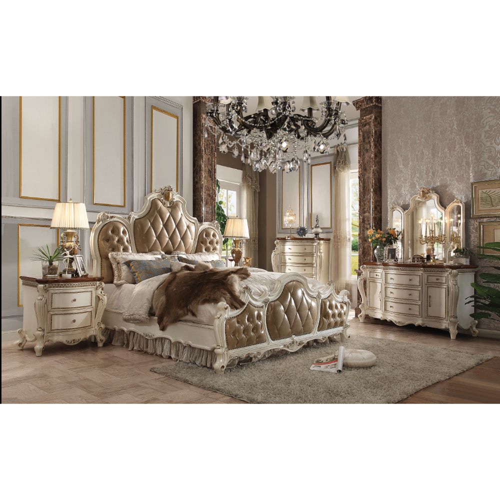 Acme - Picardy EK Bed 26897EK Butterscotch Synthetic Leather & Antique Pearl Finish