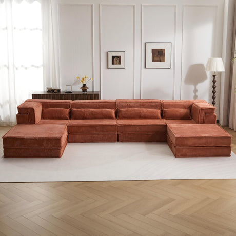 Compression Mahjong Sofa,Convertible Floor Sofa Bed,DIY Boneless Modular Sectional Sofa,No Assembly Required,Circle fleece fabric,Oversized 4 Seater with 2 Ottoman,Orange - sold by Home Elegance USA