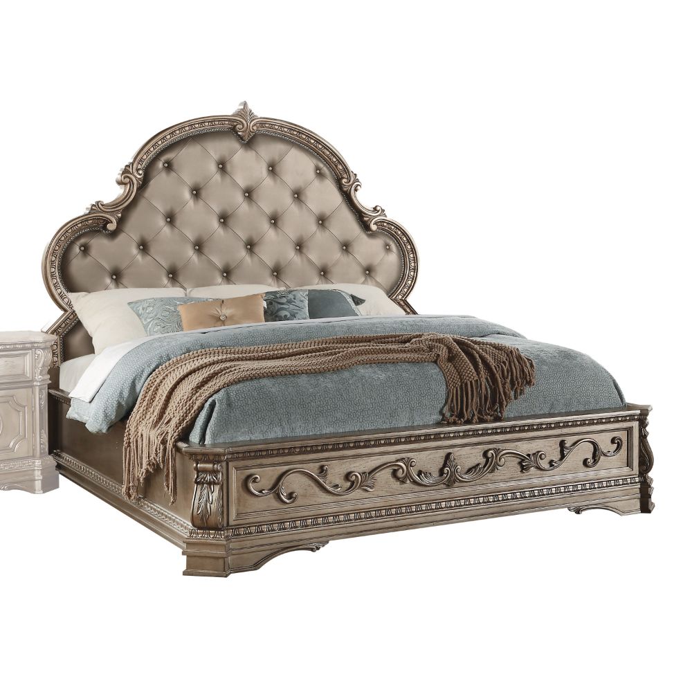 Acme - Northville Queen Bed 26930Q Synthetic Leather & Antique Silver Finish