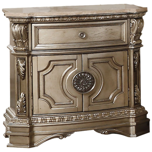 Acme - Northville Nightstand W/Marble Top 26934 Marble Top & Antique Silver Finish