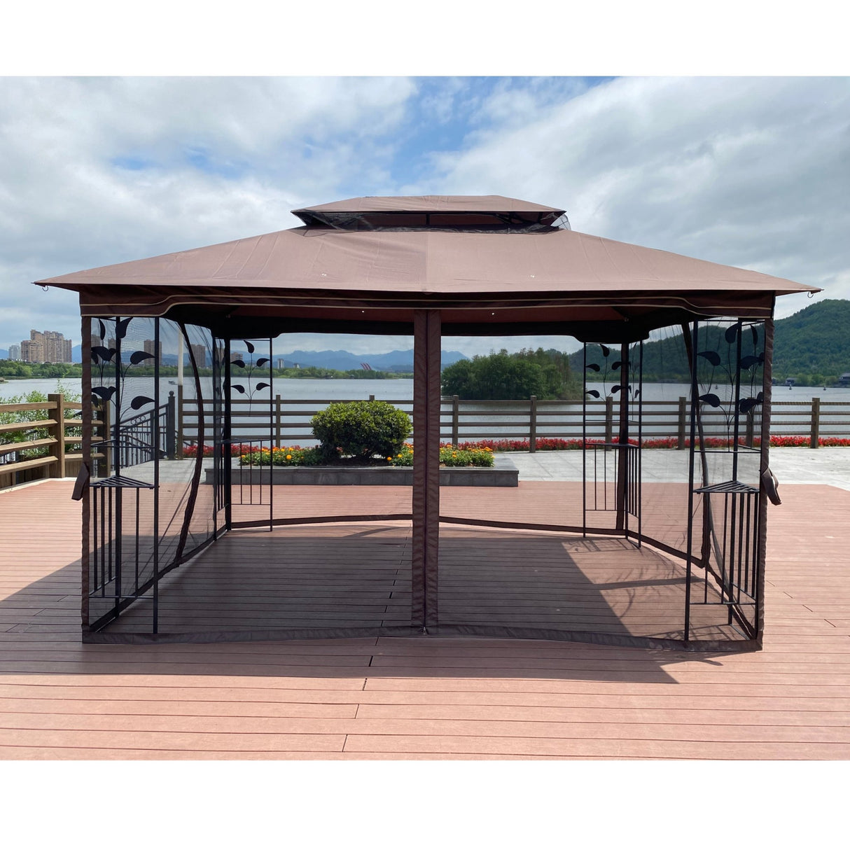 13x10 Outdoor Patio Gazebo Canopy Tent With Ventilated Double Roof And Mosquito net(Detachable Mesh Screen On All Sides),Suitable for Lawn, Garden, Backyard and Deck,Brown Top - Canopies & Gazebos - W41942173 - image - 8