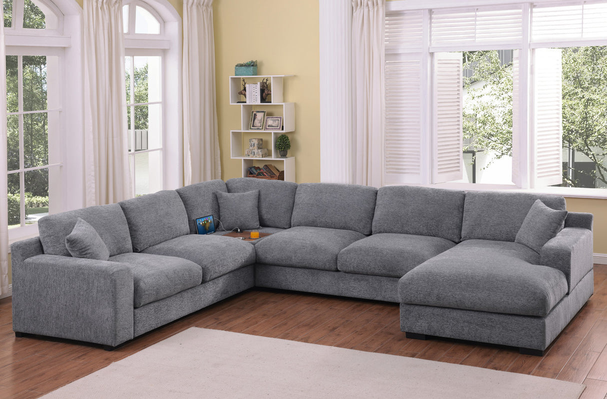 Chiara 128'W Light Gray Chenille Fabric Corner Sectional Sofa with Right-Facing Chaise, Cupholders, and Charging Ports