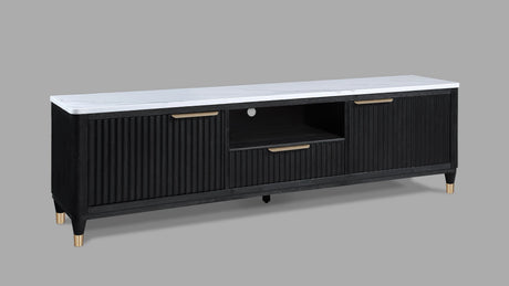 1pc Modern Luxury and Sleek Black Fluted Wood Facade Pristine White Faux Marble Top Brass-tone Accents Tapered Legs Tv Stand Media Console - sold by Home Elegance USA
