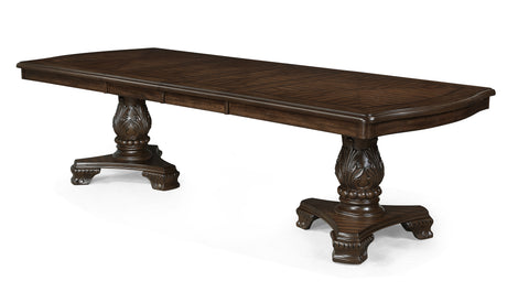 Formal 9pc Rectangular Dining Table 18' Extendable Leaf Side Chair Arm Chair Rich Dark Coffee Brown Finish Intricately Carved Double Pedestal Base Solid Wood Dining Set - sold by Home Elegance USA