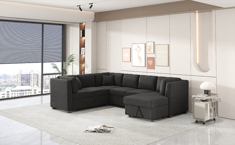 U-shaped Sectional Sofa Pull Out Bed with USB Ports, Power Sockets, Back Pillows & Storage Chaise, Black Chenille, 108.6' - sold by Home Elegance USA