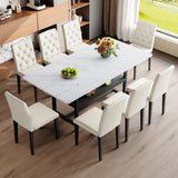 Table and chair set.71*35.4 inch White Grain Spliced Dining Table With Storage Function In The Middle Of The Table Legs.Paired with 8 white PU dining chairs with ergonomic buckle backrest.
