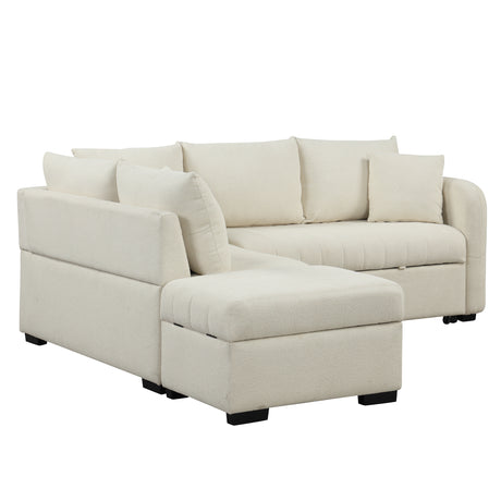 Modern L-shaped Sectional Pull Out Sofa Bed with USB Ports and Storage Ottoman, Beige, Jacquard Fabric, 82.6' - sold by Home Elegance USA