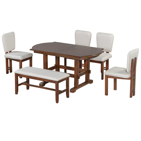 TOPMAX 6 Pieces 78inch Extendable Wood Dining Table Set with Bench, Traditional Kitchen Table Set with 18inch Removable Leaf and 4 Upholstered Dining Chairs, Espresso+Beige - sold by Home Elegance USA