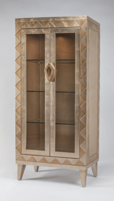 Wooden cabinet with geometric design on a white background