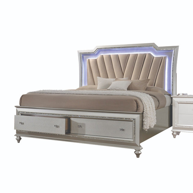 Acme - Kaitlyn CK Bed W/Led & Storage 27224CK Synthetic Leather & Champagne Finish
