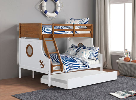 Modern Novelty Style Twin Over Full Bunk Bed With Attached Angled Ladder Rails And Lock Joint Structure For Safety Oak Finish Upper Bed White Finish Lower Bed - sold by Home Elegance USA