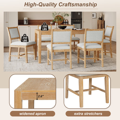TREXM 7-Piece Retro Dining Table Set for 6, 1 Rectangular Wood Dining Table Set for 6 with Upholstered Chairs for Dining Room and Kitchen (Natural) - sold by Home Elegance USA