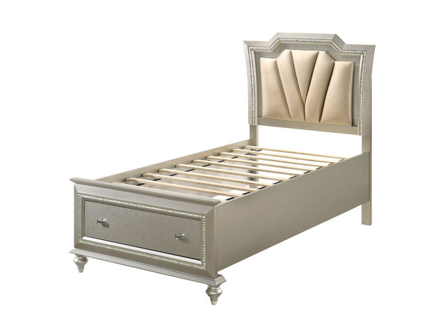 Acme - Kaitlyn Twin Bed W/Led & Storage 27240T Synthetic Leather & Champagne Finish