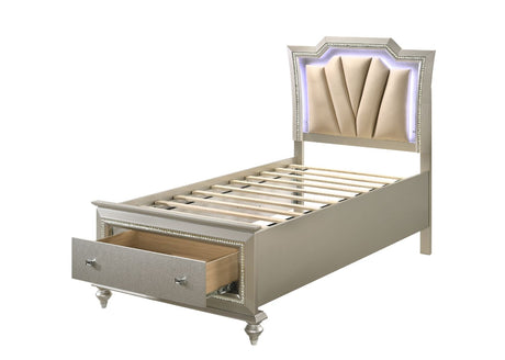 Acme - Kaitlyn Twin Bed W/Led & Storage 27240T Synthetic Leather & Champagne Finish