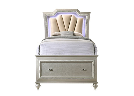 Acme - Kaitlyn Full Bed W/Led & Storage 27245F Synthetic Leather & Champagne Finish