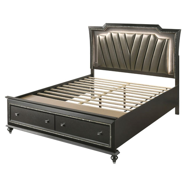 Acme - Kaitlyn CK Bed W/Led & Storage 27274CK Synthetic Leather & Metallic Gray Finish