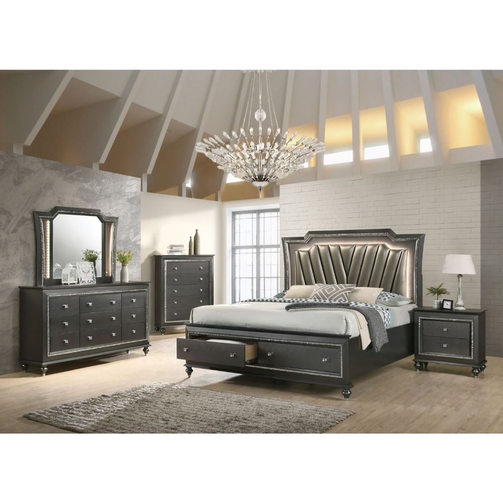Acme - Kaitlyn Queen Bed W/Led & Storage 27280Q Synthetic Leather & Metallic Gray Finish