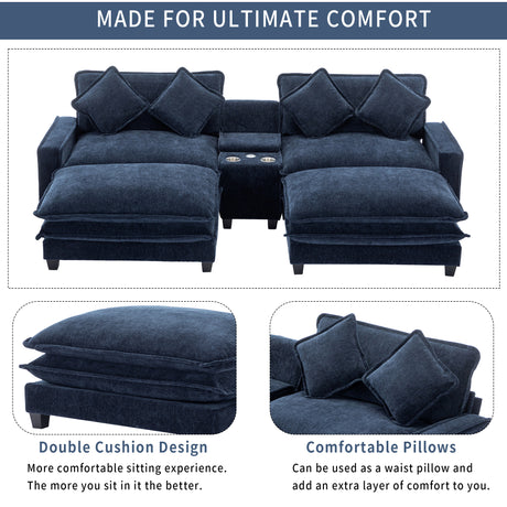 Contemporary Chenille Upholstered Sectional Sofa with Ottomans, USB Ports, Cup Holders & Storage, Blue - sold by Home Elegance USA
