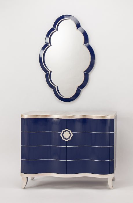 Lapis Blue Cabinet with Silver Striping & Striking Red Interior - Wavy Front, Handpainted | Matching Mirror Available - Home Elegance USA