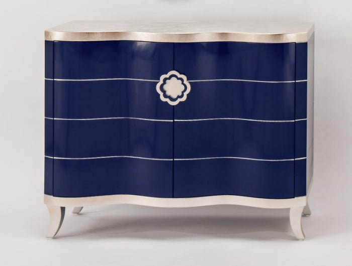 Lapis Blue Cabinet with Silver Striping & Striking Red Interior - Wavy Front, Handpainted | Matching Mirror Available - Home Elegance USA