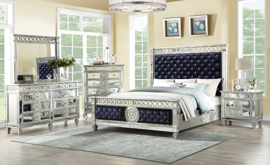 Acme - Varian EK Bed 27347EK Dark Navy Blue Velvet & Mirrored