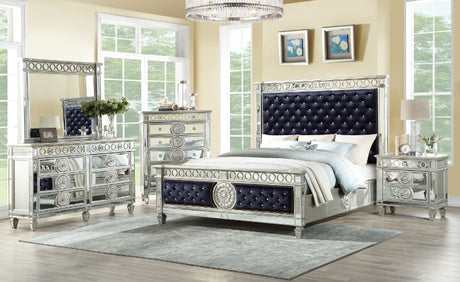 Acme - Varian Queen Bed 27350Q Dark Navy Blue Velvet & Mirrored