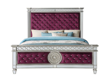 Acme - Varian CK Bed 27364CK Burgundy Velvet & Mirrored