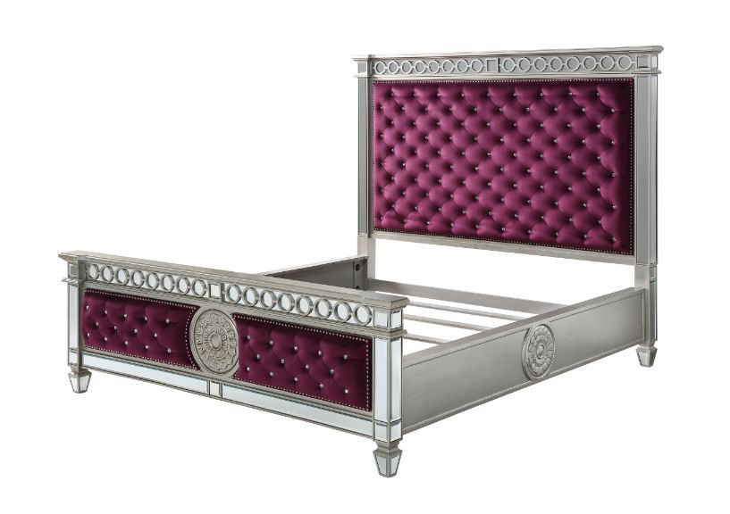 Acme - Varian CK Bed 27364CK Burgundy Velvet & Mirrored