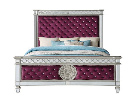 Acme - Varian EK Bed 27367EK Burgundy Velvet & Mirrored