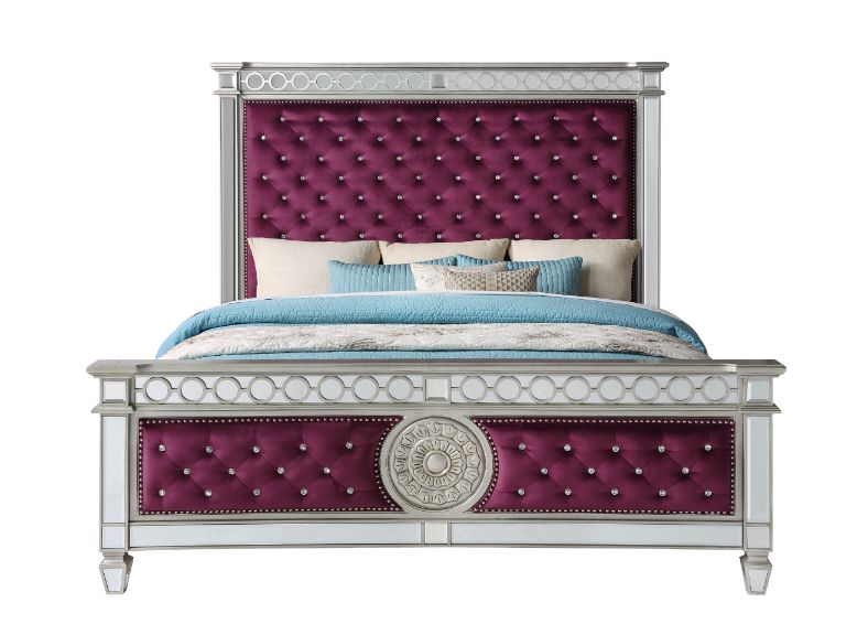 Acme - Varian Queen Bed 27370Q Burgundy Velvet & Mirrored