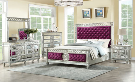 Acme - Varian Queen Bed 27370Q Burgundy Velvet & Mirrored