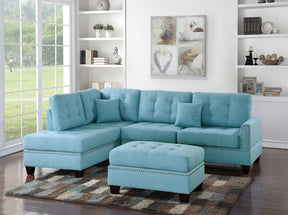 Modern Blue Color 3pcs Sectional Living Room Furniture Reversible Chaise Sofa And Ottoman Tufted Polyfiber Linen Like Fabric Cushion Couch Pillows - sold by Home Elegance USA