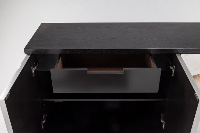 Artmax Black Cabinet with textured case, silverleaf doors, gold oval design, gold base, glass top, 4 doors, 1 shelf, 2 lined drawers, and optional 42"x52" goldleaf wall mirror.