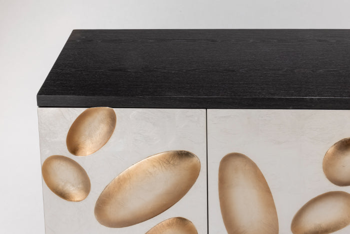 Artmax Black Cabinet with textured case, silverleaf doors, gold oval design, gold base, glass top, 4 doors, 1 shelf, 2 lined drawers, and optional 42"x52" goldleaf wall mirror.