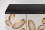 Artmax Black Cabinet with textured case, silverleaf doors, gold oval design, gold base, glass top, 4 doors, 1 shelf, 2 lined drawers, and optional 42"x52" goldleaf wall mirror.