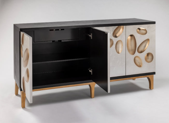 Artmax Black Cabinet with textured case, silverleaf doors, gold oval design, gold base, glass top, 4 doors, 1 shelf, 2 lined drawers, and optional 42"x52" goldleaf wall mirror.