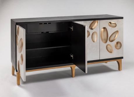 Artmax Black Cabinet with textured case, silverleaf doors, gold oval design, gold base, glass top, 4 doors, 1 shelf, 2 lined drawers, and optional 42"x52" goldleaf wall mirror.
