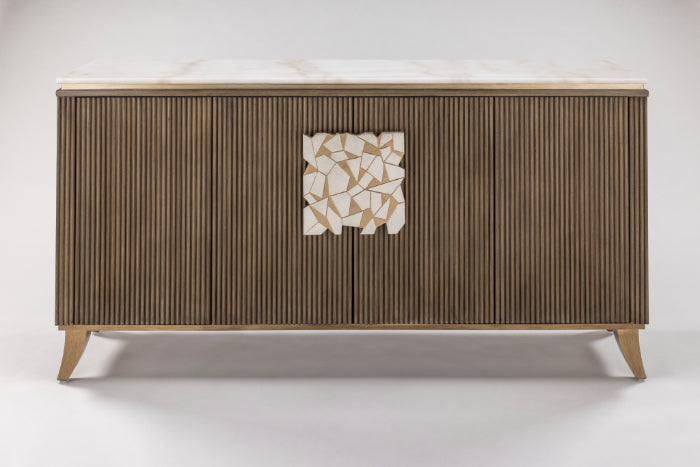 Light Toasted Oak Fluted Cabinet with Marble Top & Optional Round Mirror – Artmax - Home Elegance USA