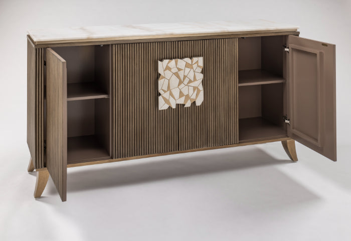 Light Toasted Oak Fluted Cabinet with Marble Top & Optional Round Mirror – Artmax - Home Elegance USA