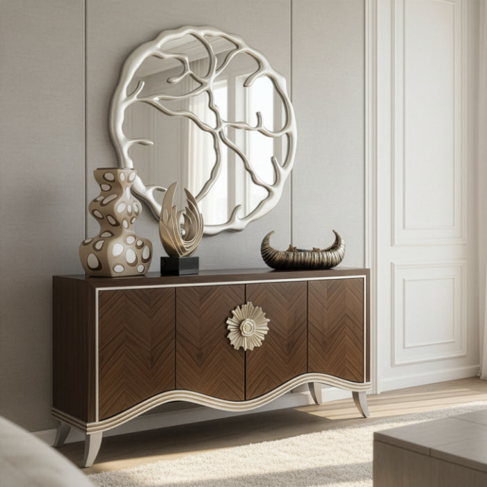 Artmax 2744-S Cabinet | 68-Inch Chevron Zebra Wood Storage Cabinet with Optional Mirror