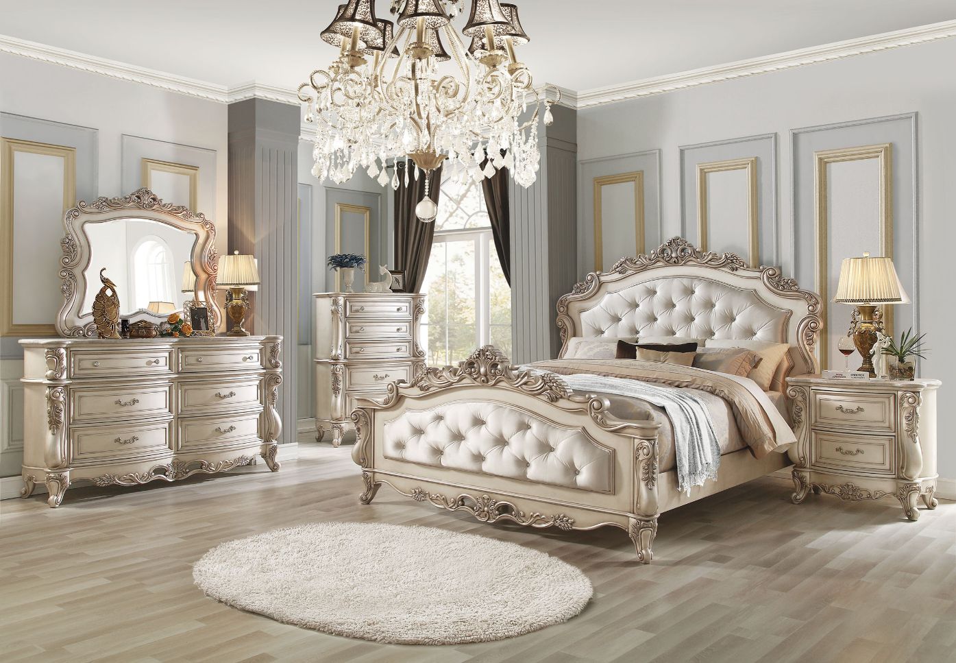 Gorsedd Queen Bed 27440Q Fabric & Golden Ivory Finish | Acme