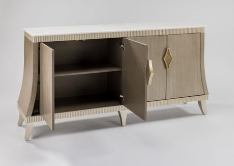 2939-S Cabinet with open doors revealing storage space – walnut veneer and gold accents - Left Side