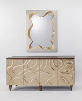 Champagne Hand-Painted Cabinet with Mirror Set | 4-Door Walnut Oak Storage Cabinet