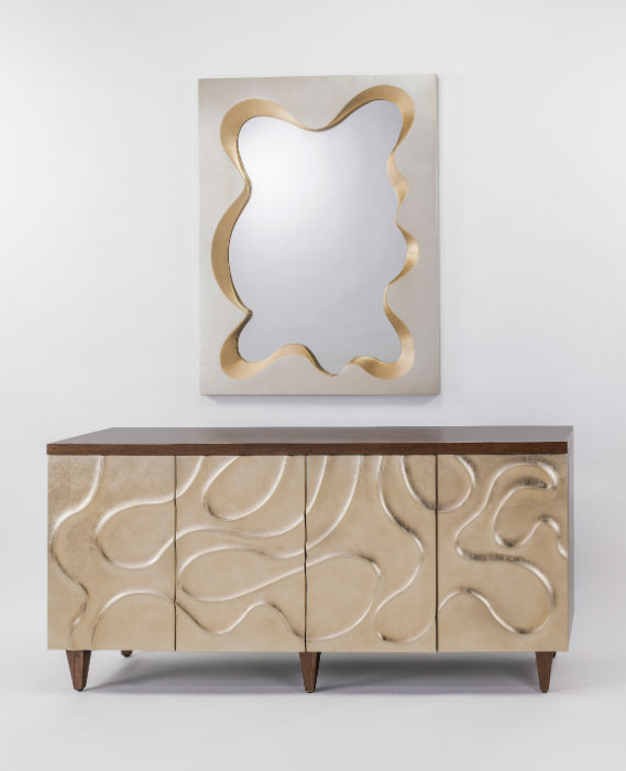Champagne Hand-Painted Cabinet with Mirror Set | 4-Door Walnut Oak Storage Cabinet