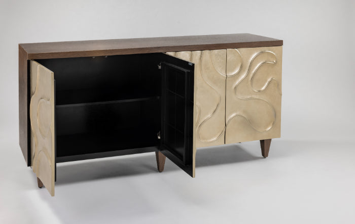 Champagne Hand-Painted Cabinet with Mirror Set | 4-Door Walnut Oak Storage Cabinet