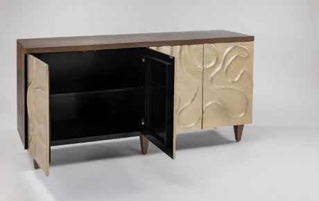 Champagne Hand-Painted Cabinet with Mirror Set | 4-Door Walnut Oak Storage Cabinet