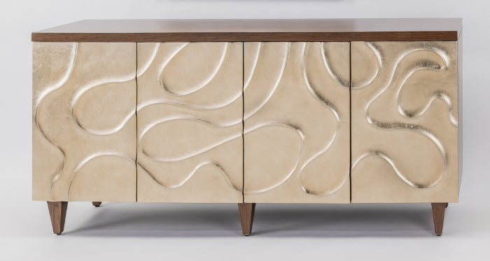 Champagne Hand-Painted Cabinet with Mirror Set | 4-Door Walnut Oak Storage Cabinet