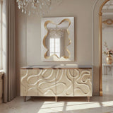 Champagne Hand-Painted Cabinet with Mirror Set | 4-Door Walnut Oak Storage Cabinet
